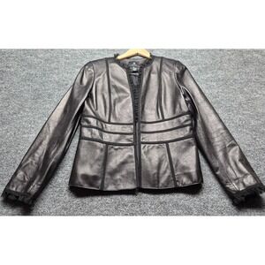 Doncaster Collection Brown Leather Ruffle Trim Hook Eye Blazer Women's SZ 12